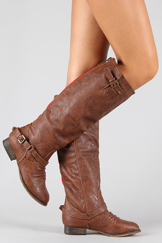Breckelle Double Buckle Contrast Zipper Riding Knee High Boots