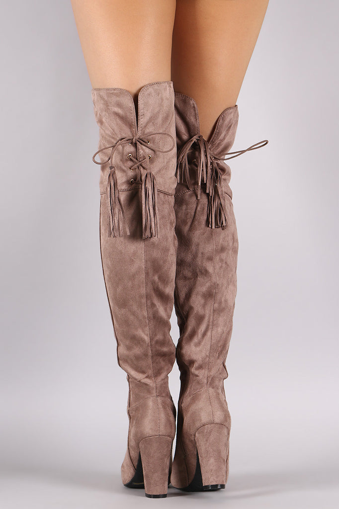 Bamboo Suede Back Tassel Lace Up Chunky Heeled Boots