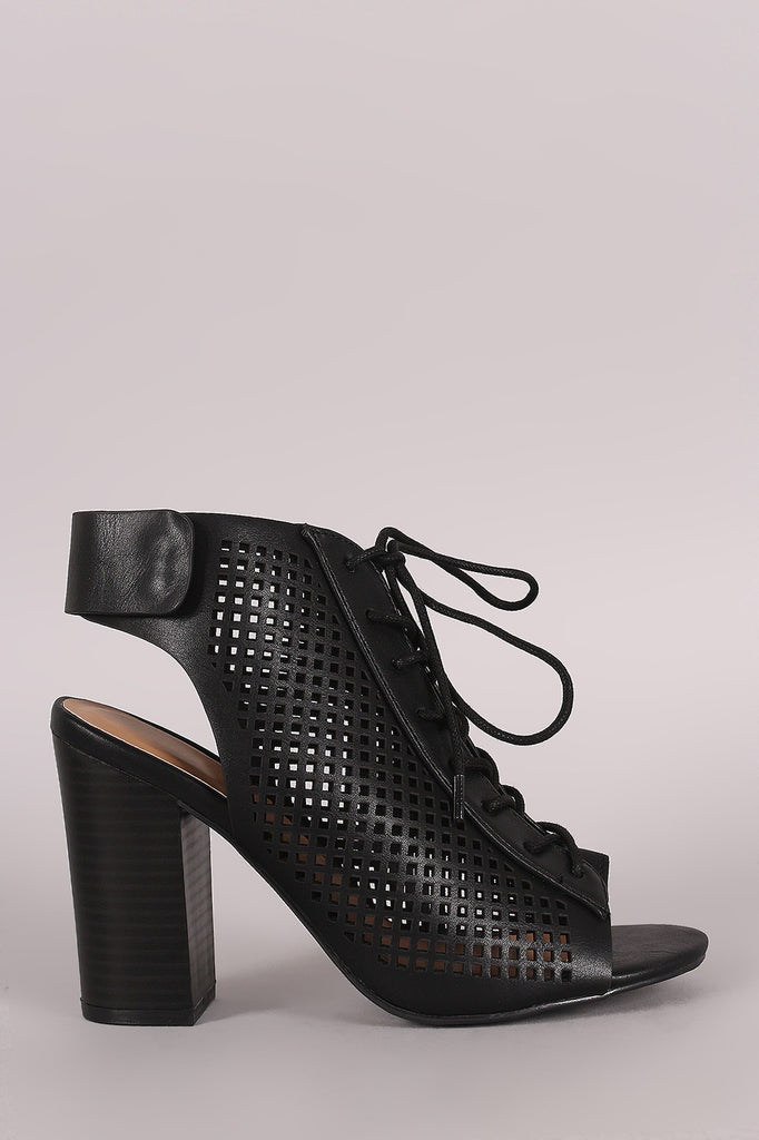 Bamboo Perforated Lace Up Chunky Heeled Mule Booties