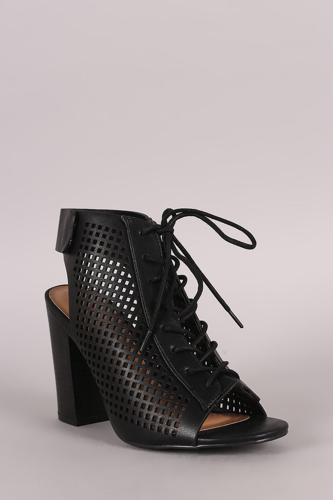 Bamboo Perforated Lace Up Chunky Heeled Mule Booties