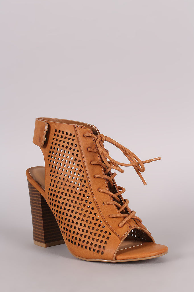Bamboo Perforated Lace Up Chunky Heeled Mule Booties