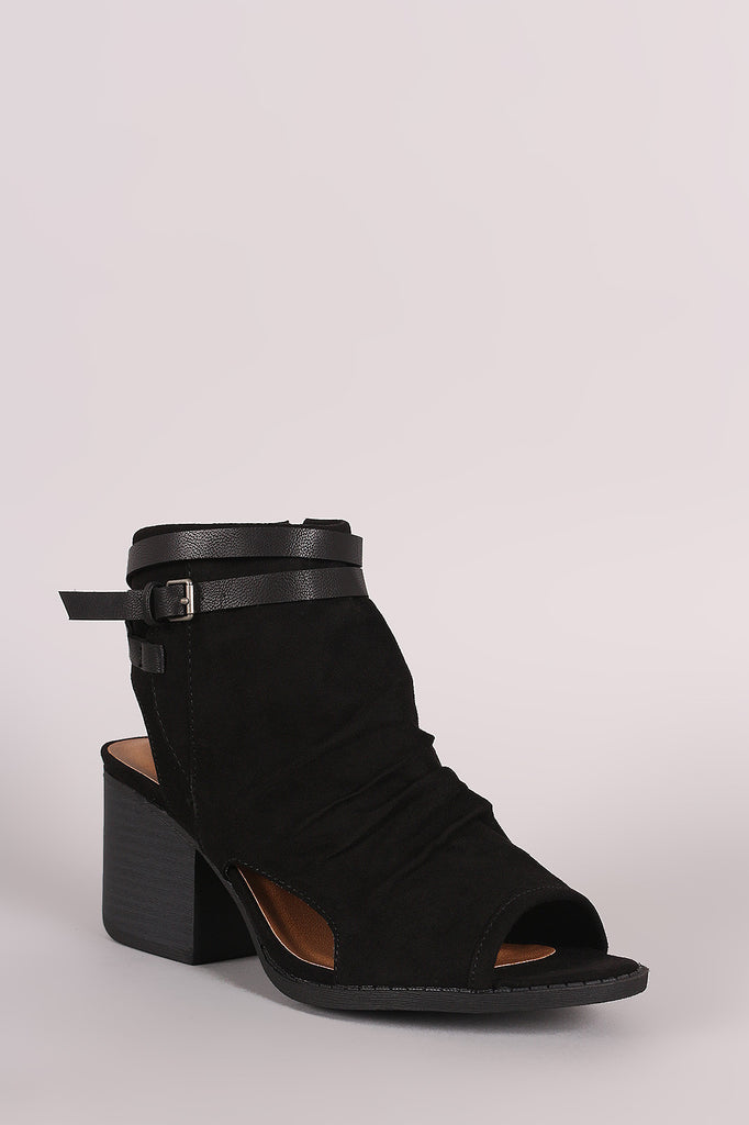Qupid Suede Ruched Buckle Block Heeled Mule Booties