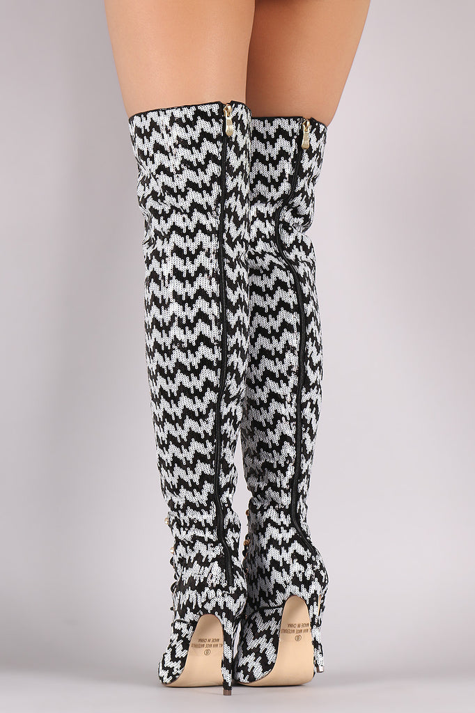 Sequin Pointy Toe Lace-Up Stiletto Over-The-Knee Boots