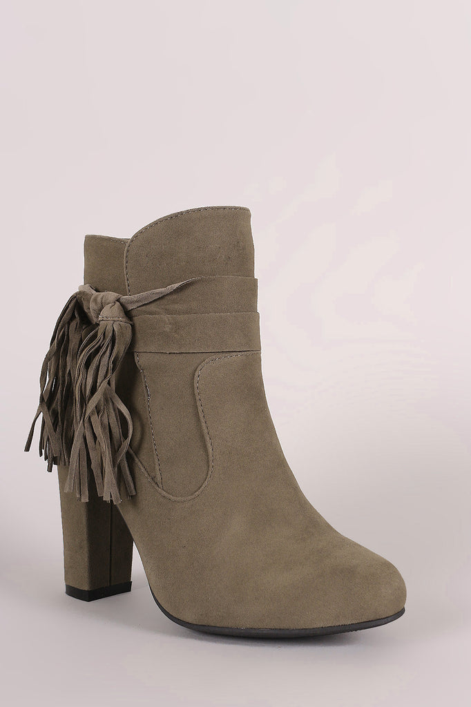 Bamboo Suede Knotted Side Fringe Chunky Heeled Booties