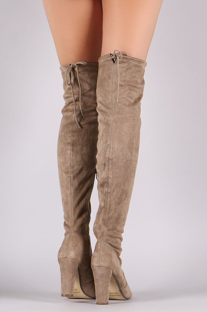 Suede Drawstring Tie Thick Heeled Over-The-Knee Boots