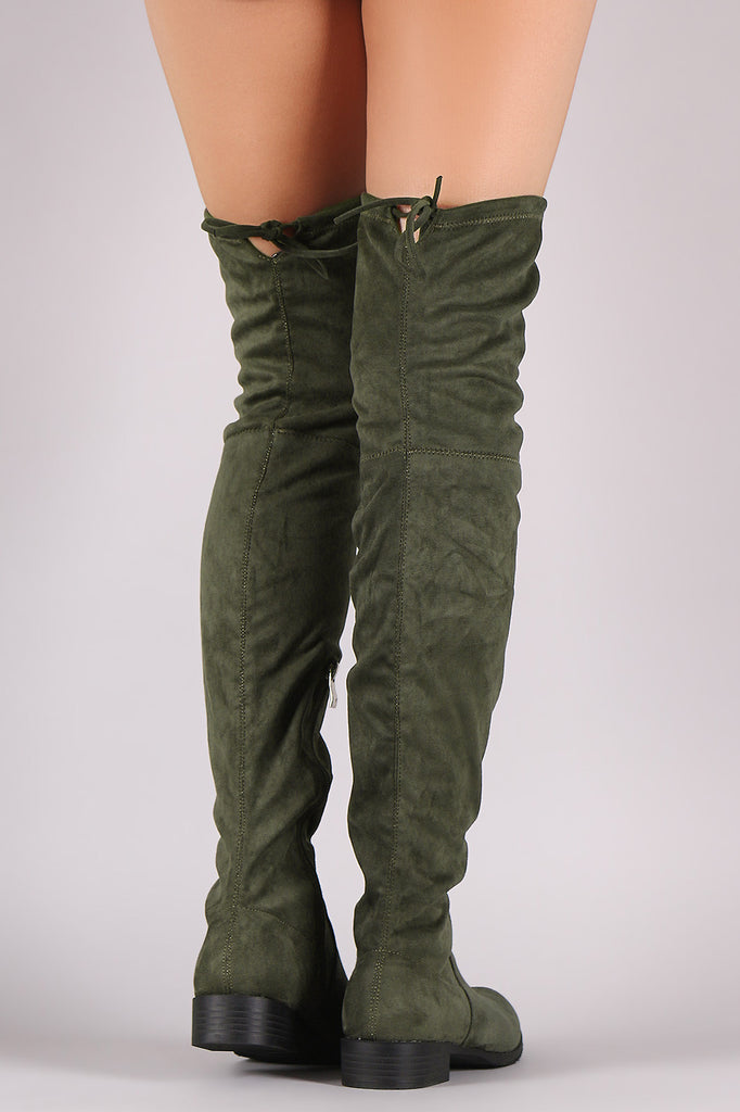 Suede Drawstring-Tie Block Heeled Riding Boots