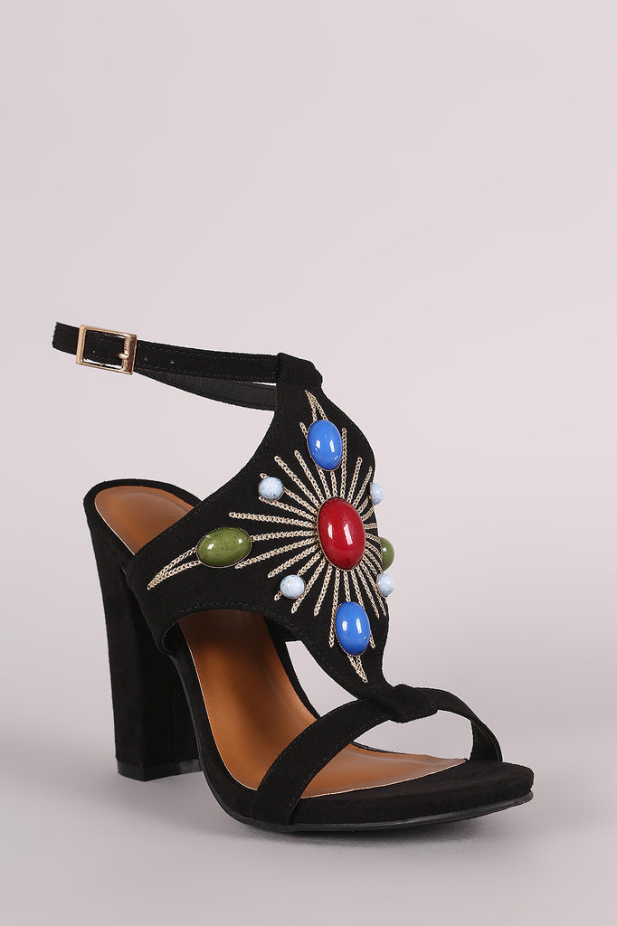 Bamboo Suede Stone Embellished Shield Chunky Heel
