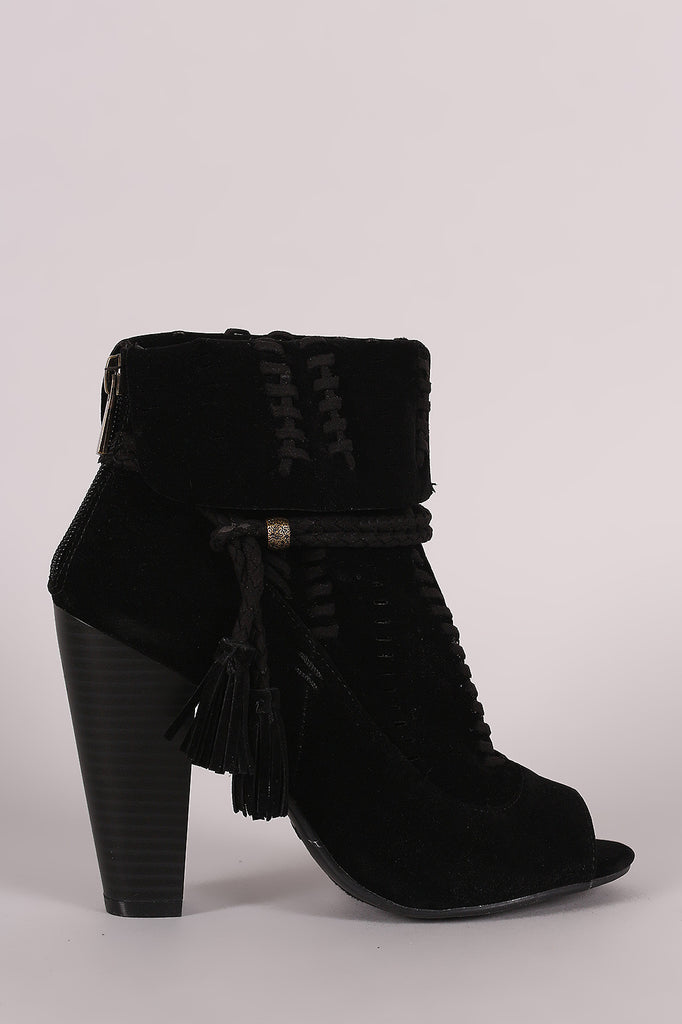 Bamboo Perforated Suede Cuff Tassel-Tie Chunky Heeled Booties