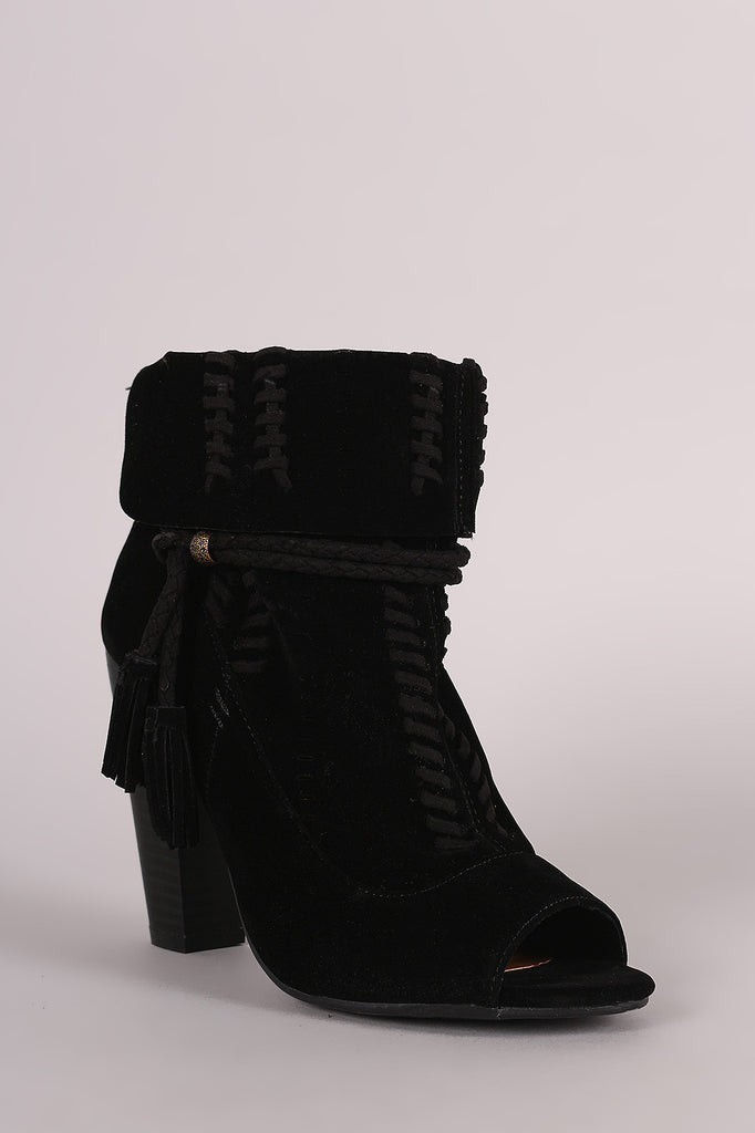 Bamboo Perforated Suede Cuff Tassel-Tie Chunky Heeled Booties