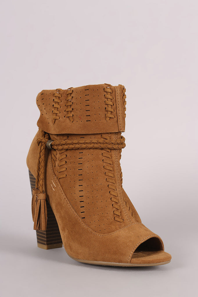 Bamboo Perforated Suede Cuff Tassel-Tie Chunky Heeled Booties
