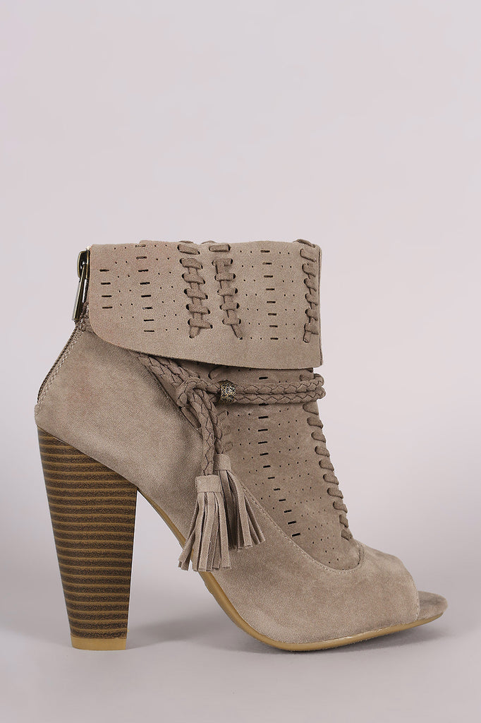 Bamboo Perforated Suede Cuff Tassel-Tie Chunky Heeled Booties
