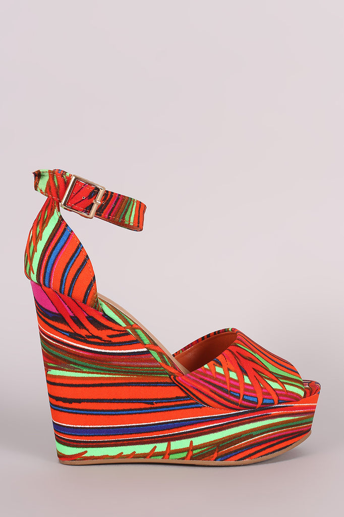 Bamboo Tropical Print Ankle Strap Platform Wedge