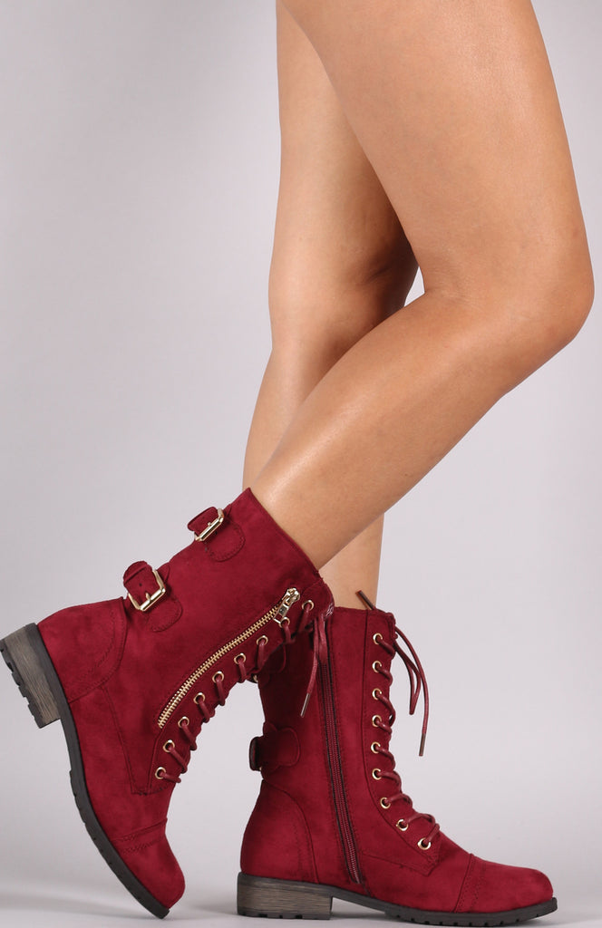Suede Buckled Zipper Combat Lace Up Boots