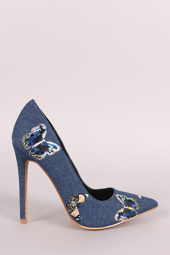 Shoe Republic LA Denim Embroidered Butterfly Stiletto Pump