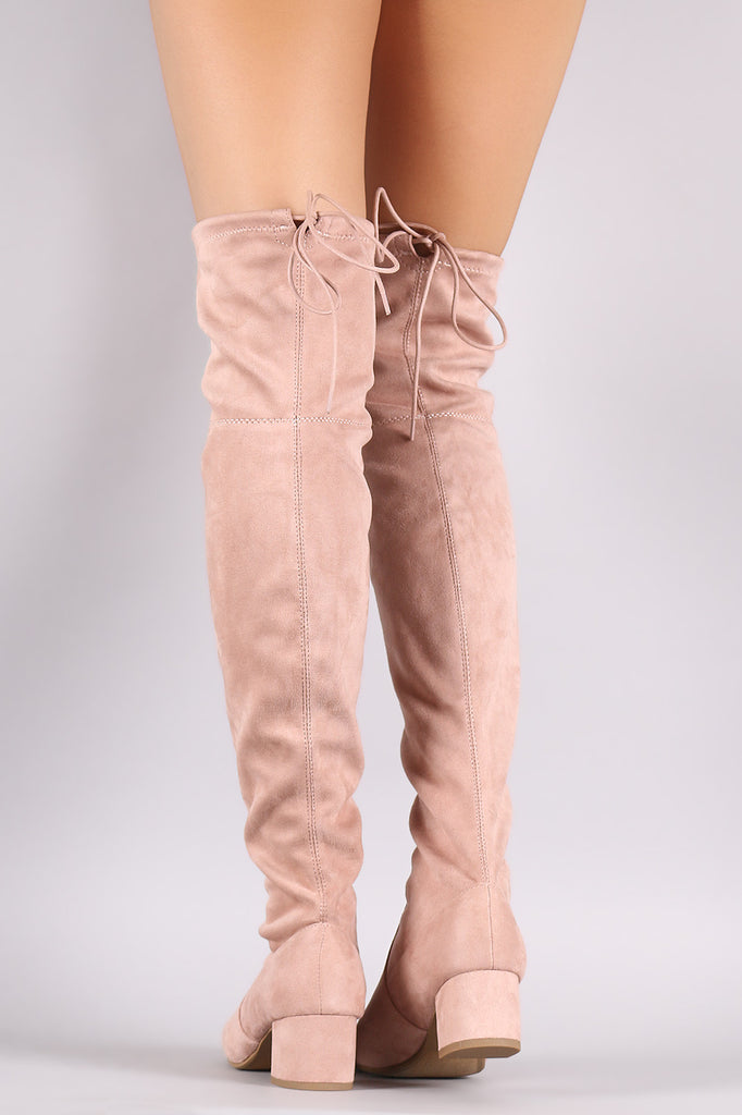 Drawstring-Tie Suede Block Heeled Over-The-Knee Boots