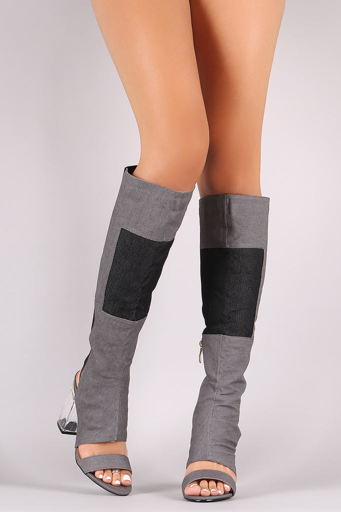 Denim Patchwork Chunky Lucite Heeled Cutout Knee High Boots