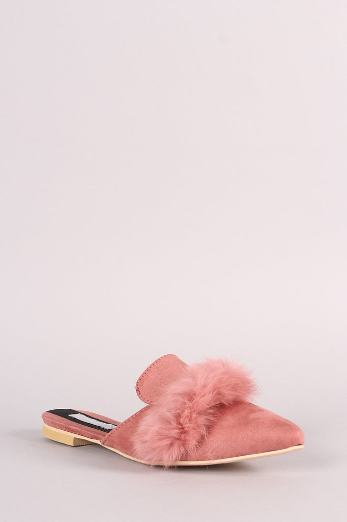 Faux Fur Trim Suede Pointy Toe Mule Loafer Flat