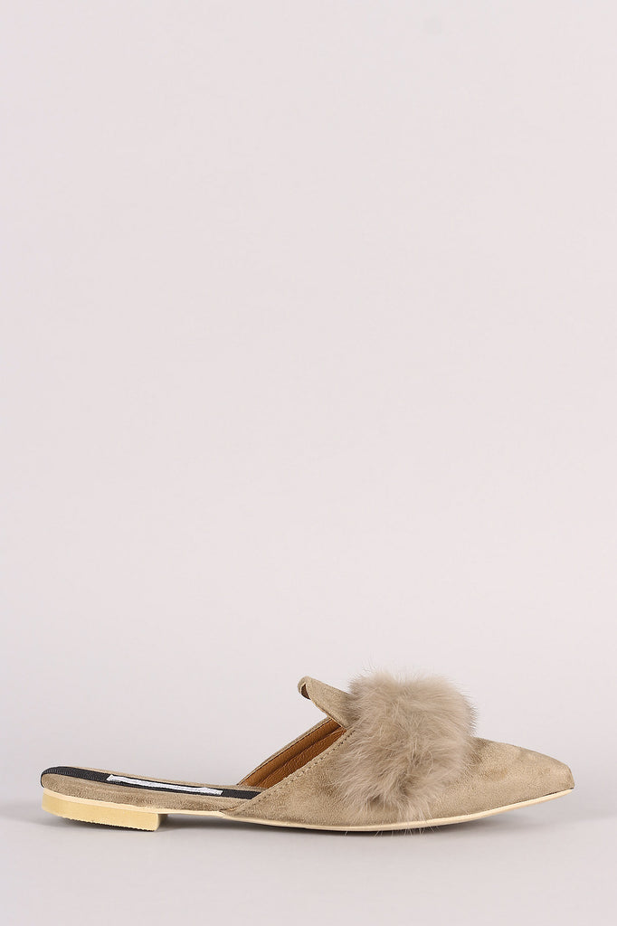 Faux Fur Trim Suede Pointy Toe Mule Loafer Flat