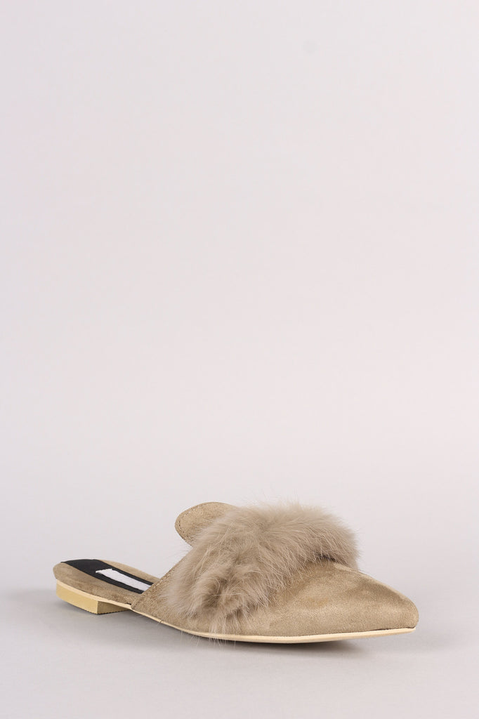 Faux Fur Trim Suede Pointy Toe Mule Loafer Flat