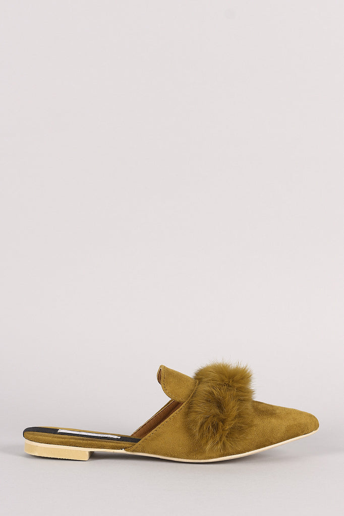 Faux Fur Trim Suede Pointy Toe Mule Loafer Flat