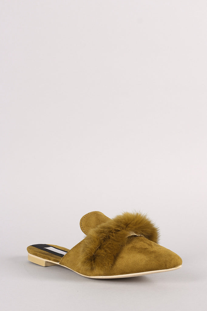 Faux Fur Trim Suede Pointy Toe Mule Loafer Flat