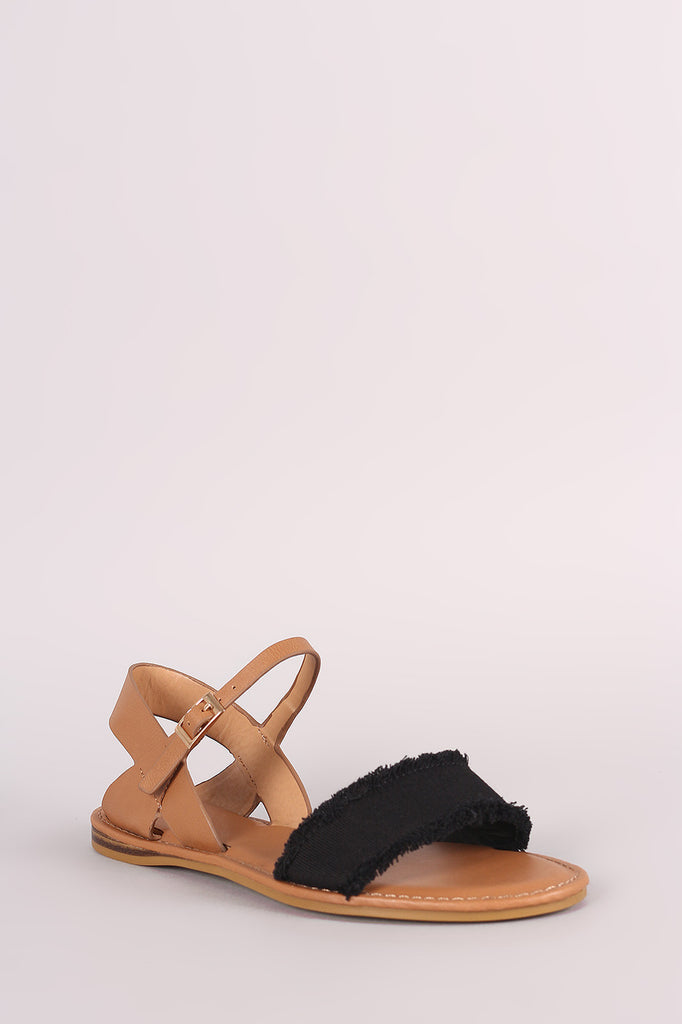 Bamboo Frayed Canvas Ankle Strap Flat Sandal