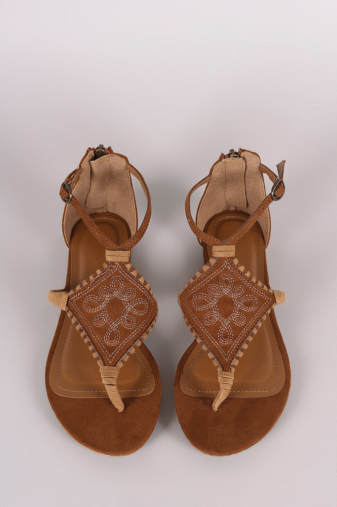 Bamboo Suede Embroidery And Whipstitch Thong Flat Sandal