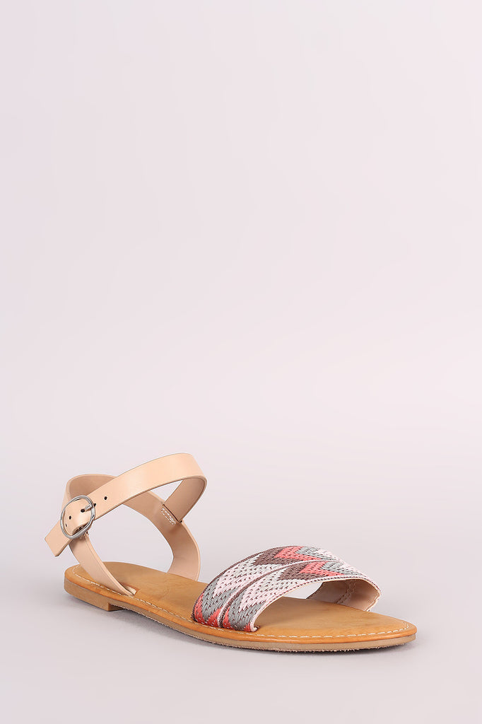 Bamboo Embroidered Chevron Ankle Strap Flat Sandal