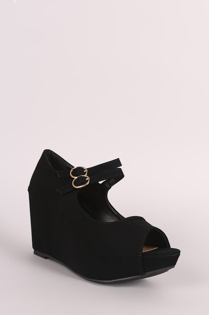 Bamboo Nubuck Double Mary Jane Strap Platform Wedge