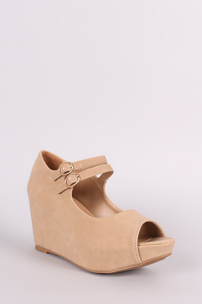 Bamboo Nubuck Double Mary Jane Strap Platform Wedge