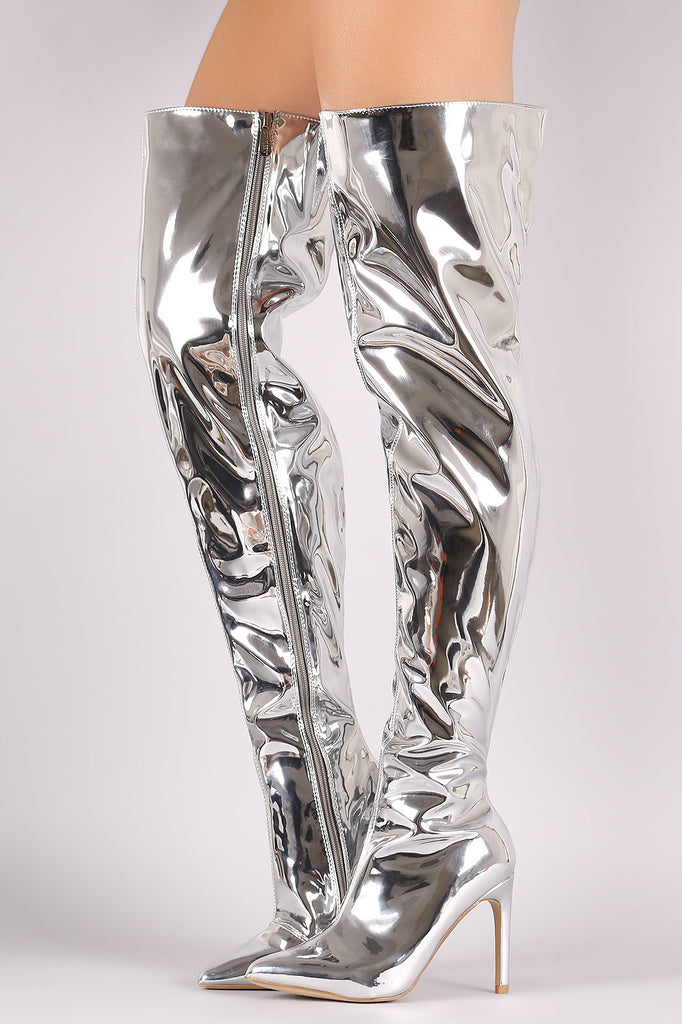 Mirror Metallic Pointy Toe Stiletto Over-The-Knee Boots