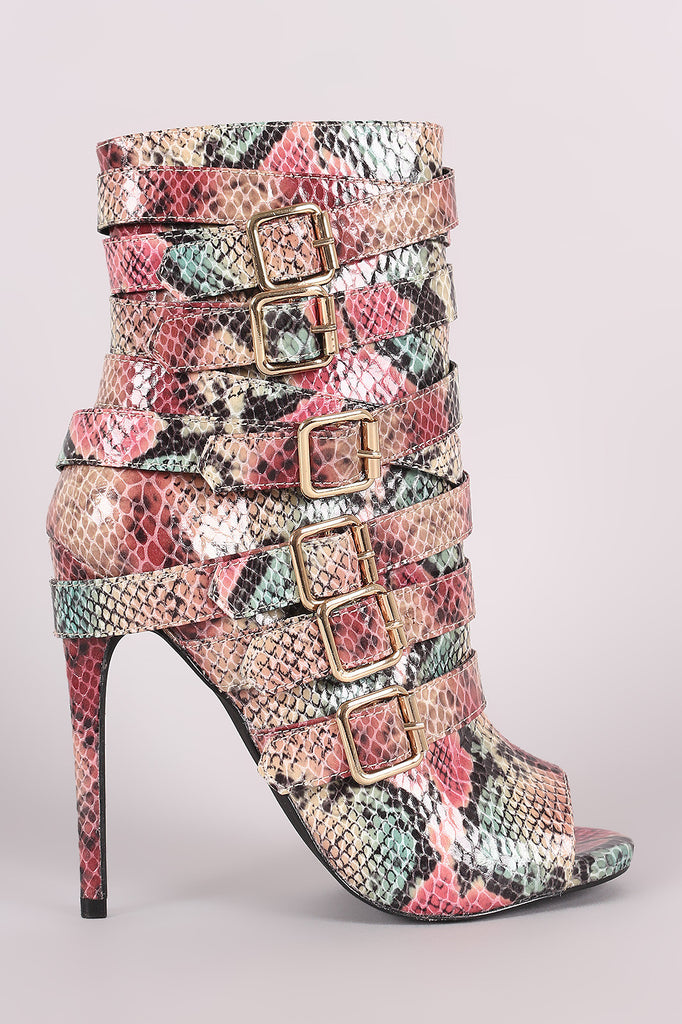 Python Print Strappy Buckled Straps Stiletto Booties