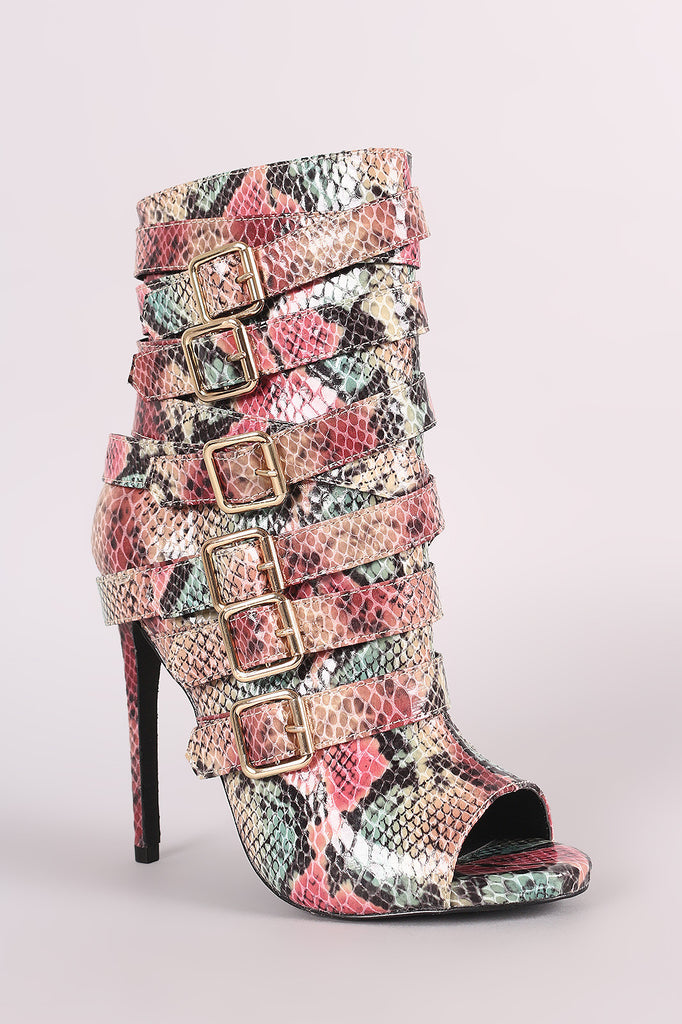 Python Print Strappy Buckled Straps Stiletto Booties