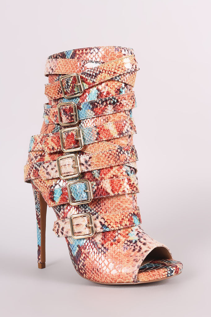 Python Print Strappy Buckled Straps Stiletto Booties