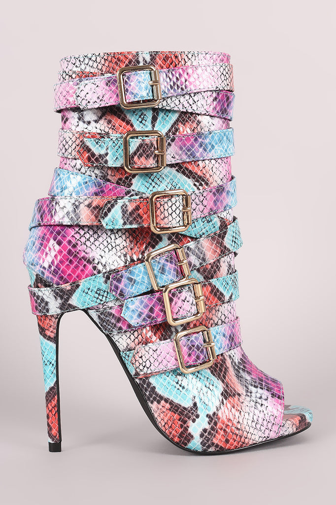 Python Print Strappy Buckled Straps Stiletto Booties