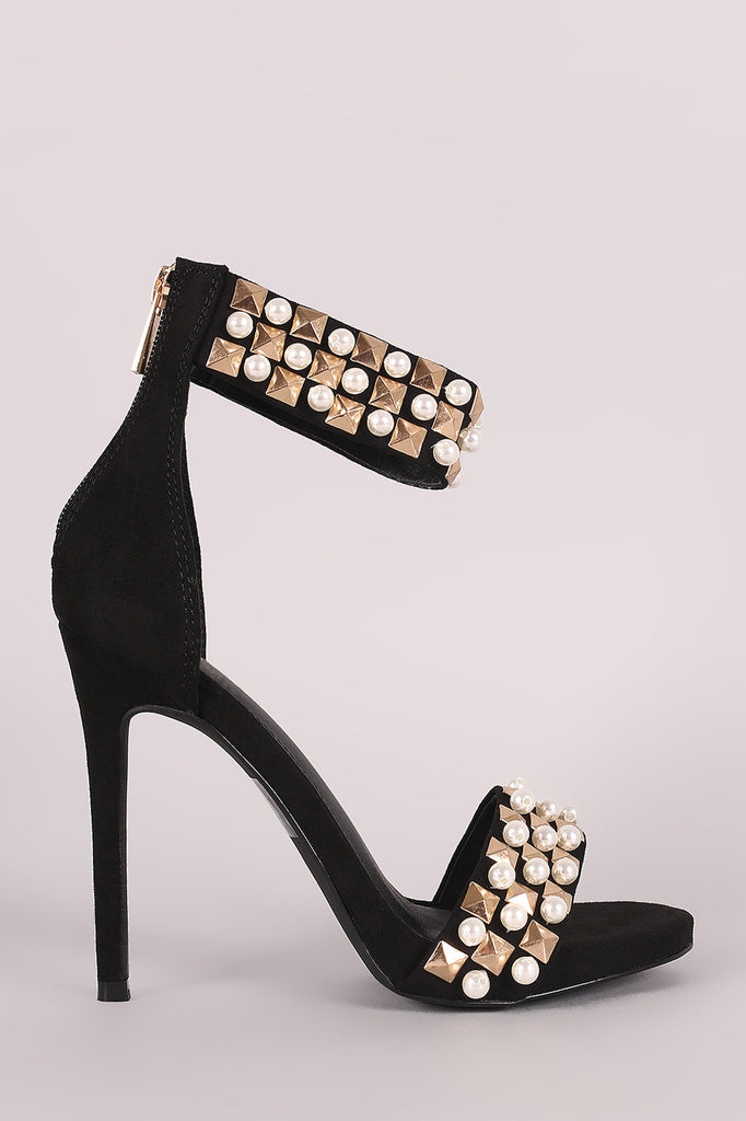 Suede Pearl And Stud Ankle Cuff Stiletto Heel