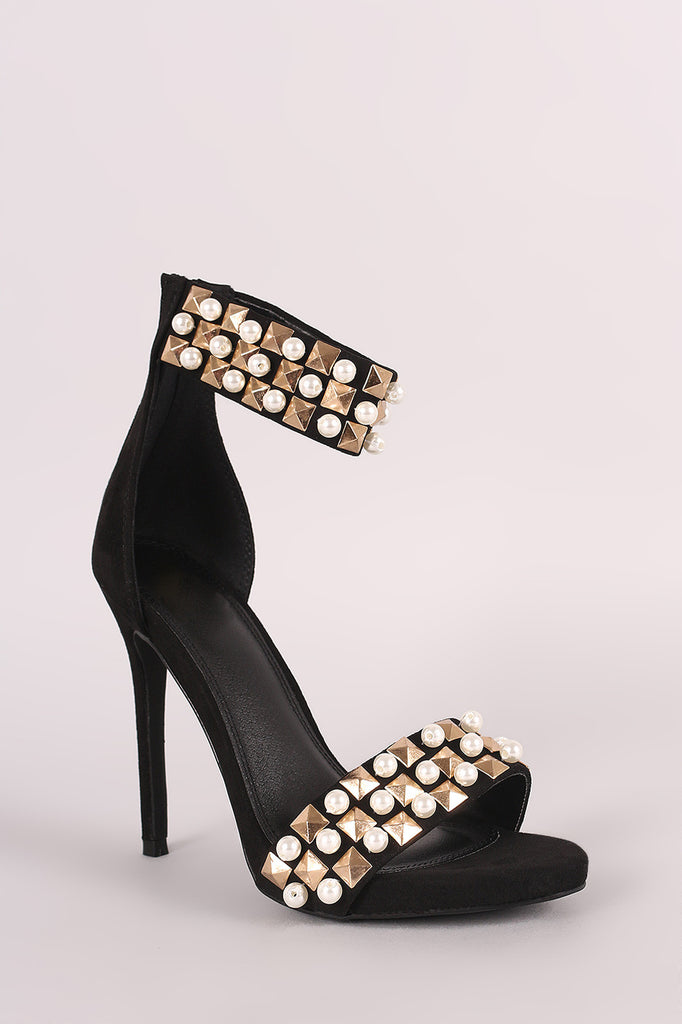 Suede Pearl And Stud Ankle Cuff Stiletto Heel