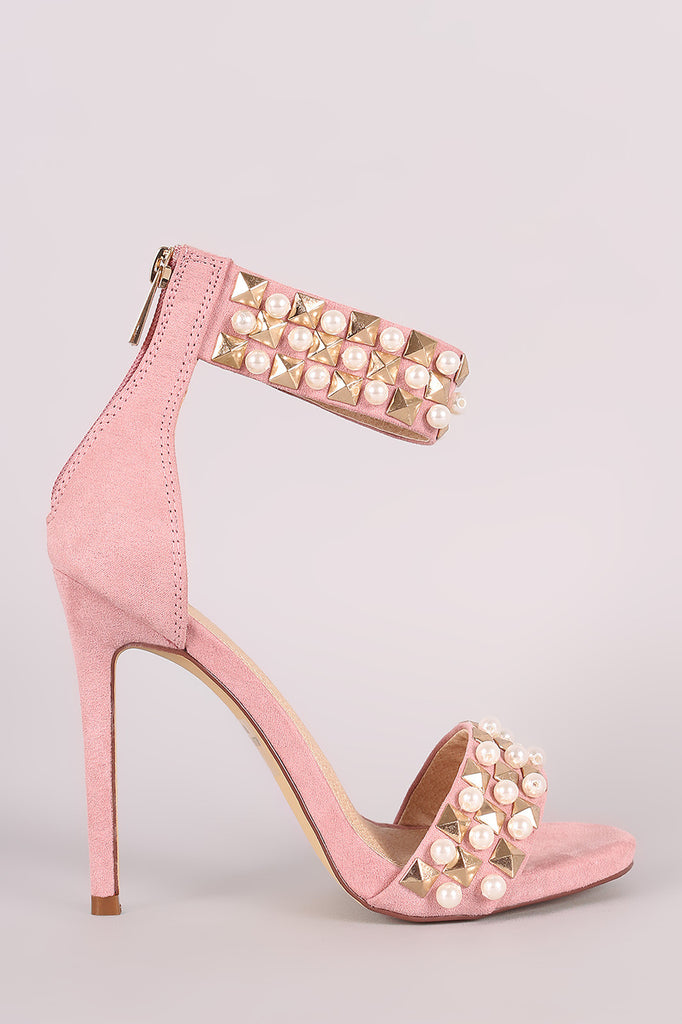 Suede Pearl And Stud Ankle Cuff Stiletto Heel