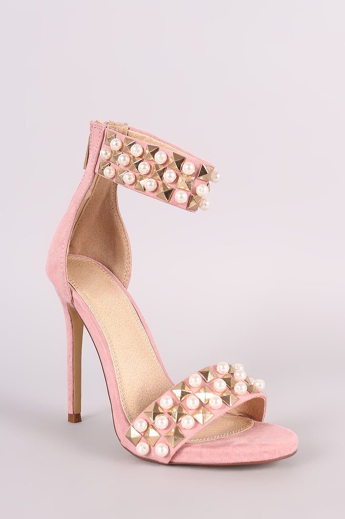 Suede Pearl And Stud Ankle Cuff Stiletto Heel
