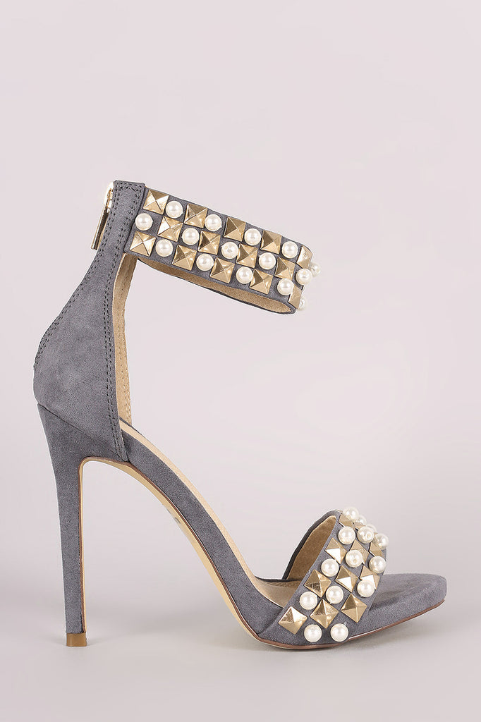 Suede Pearl And Stud Ankle Cuff Stiletto Heel