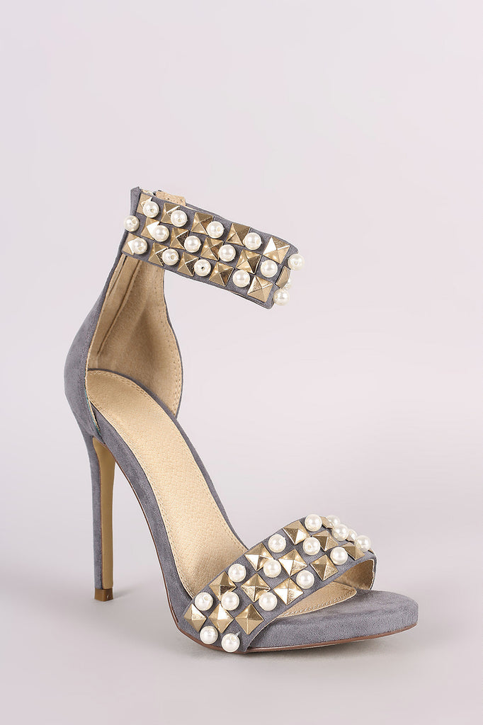 Suede Pearl And Stud Ankle Cuff Stiletto Heel