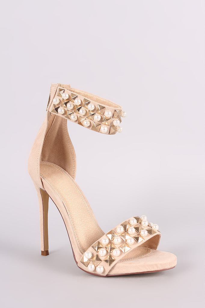 Suede Pearl And Stud Ankle Cuff Stiletto Heel