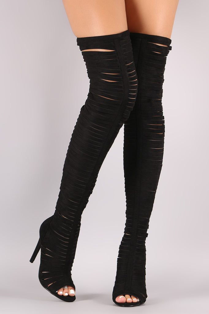 Strappy Peep Toe Stiletto Over The Knee Boots