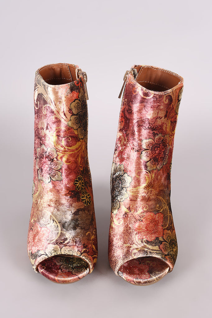 Bamboo Floral Velvet Peep Toe Chunky Heeled Booties