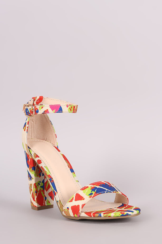 Bamboo Abstract Print Ankle Strap Chunky Heel