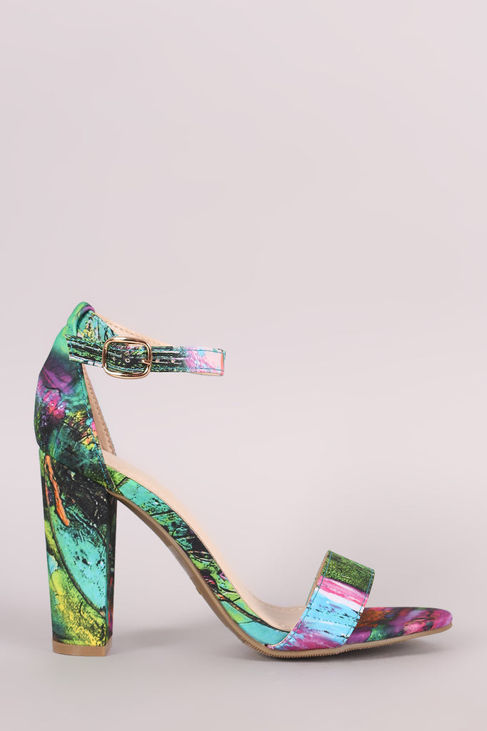 Bamboo Abstract Print Ankle Strap Chunky Heel