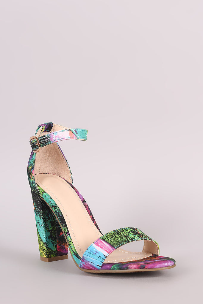 Bamboo Abstract Print Ankle Strap Chunky Heel