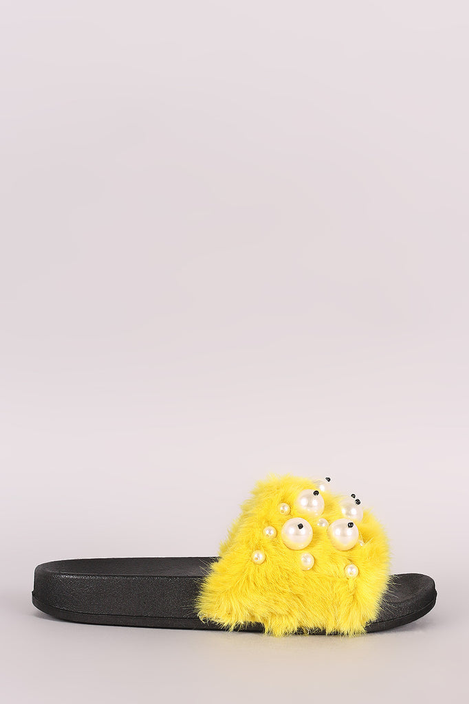 Faux Pearl Embellished Fur Slide Sandal