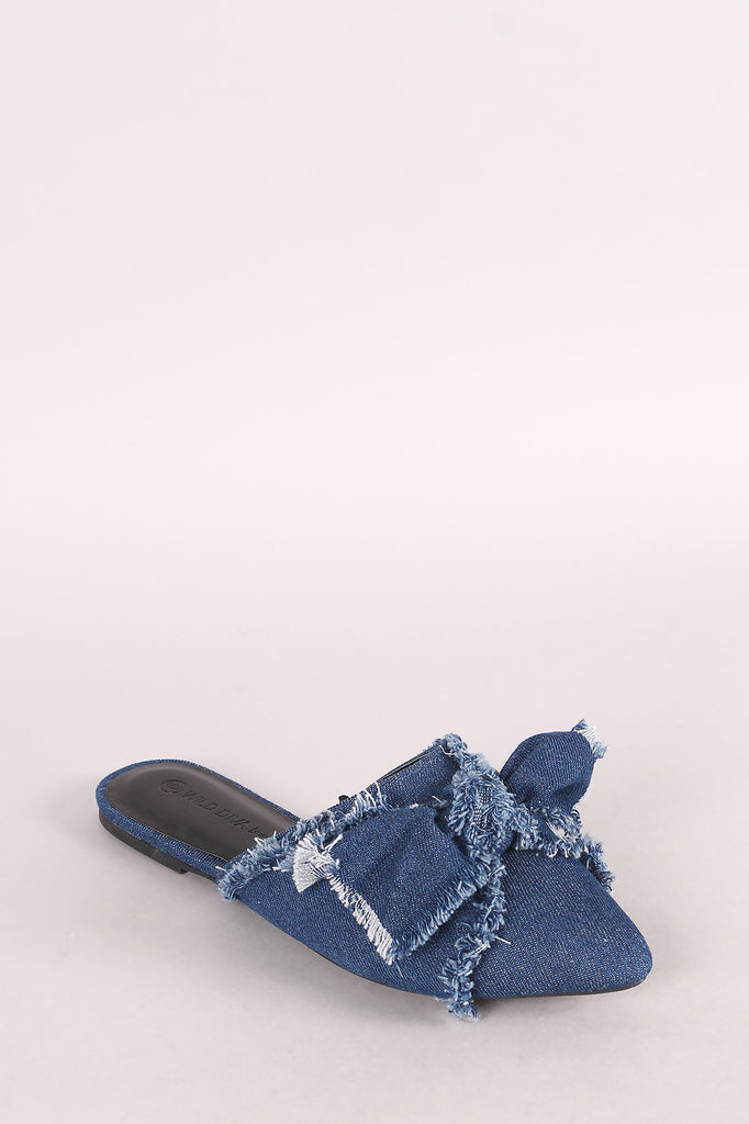 Wild Diva Lounge Frayed Denim Bow Pointy Toe Flat