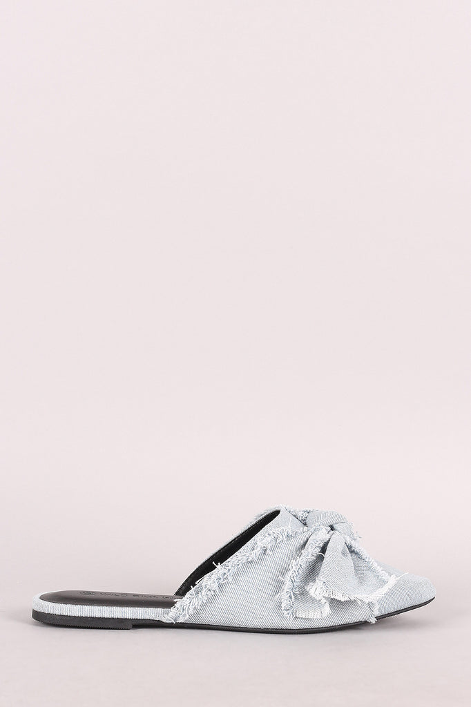 Wild Diva Lounge Frayed Denim Bow Pointy Toe Flat